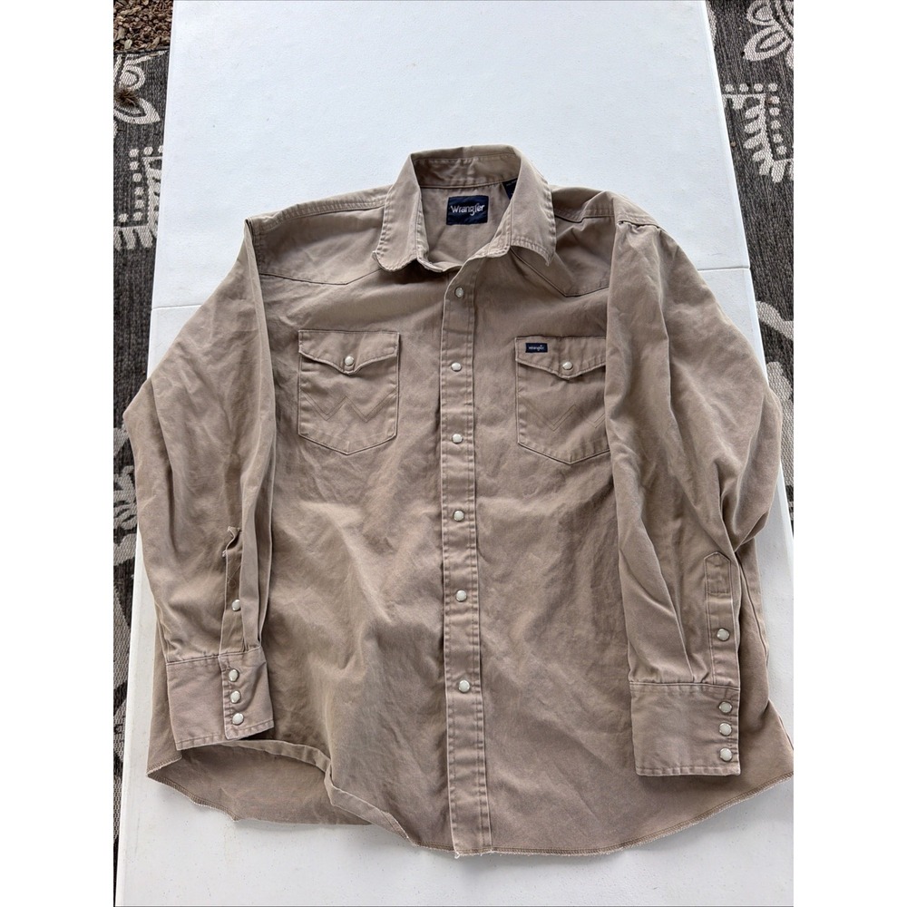 Wrangler Pearl Snap Heavyweight Khaki Denim Work Brush Shirt Mens XXL